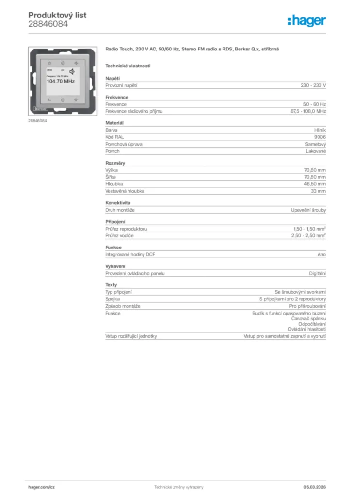 Obrázek Hager Product data sheet 28846084 | Hager
