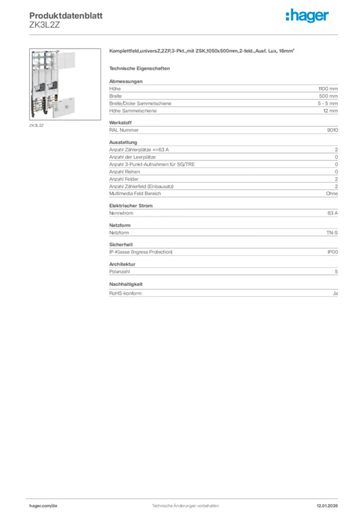 Bild Hager Produktdatenblatt ZK3L2Z | Hager Deutschland