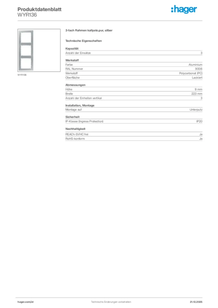 Bild Hager Produktdatenblatt WYR136 | Hager Deutschland
