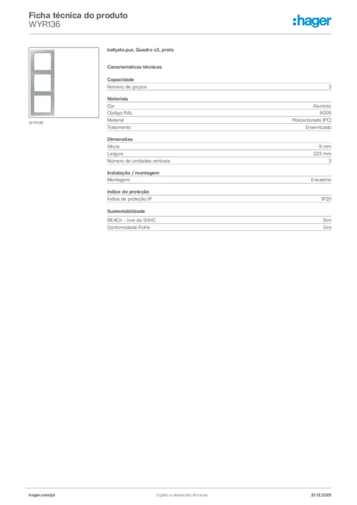 Imagem Hager Ficha técnica do produto WYR136 | Hager Portugal
