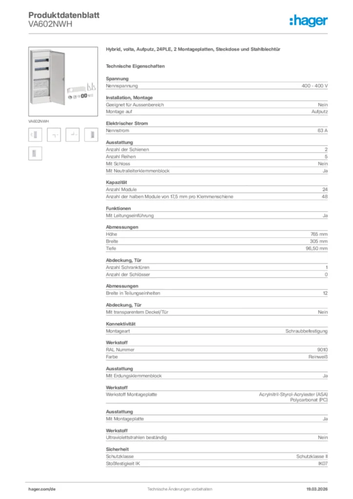 Bild Hager Produktdatenblatt VA602NWH | Hager Deutschland
