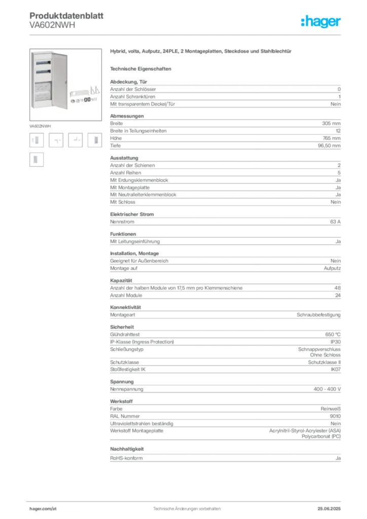 Bild Hager Produktdatenblatt VA602NWH | Hager Deutschland