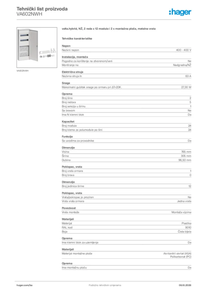 Slika Hager Tehnički list proizvoda VA602NWH  | Hager