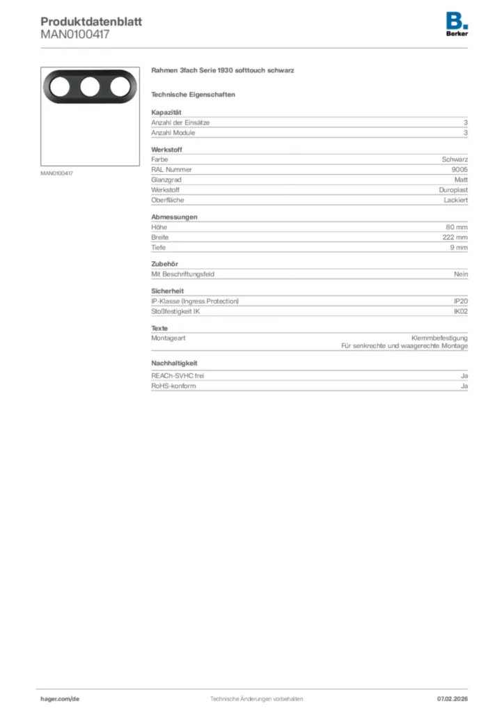 Bild Berker Produktdatenblatt MAN0100417 | Hager Deutschland