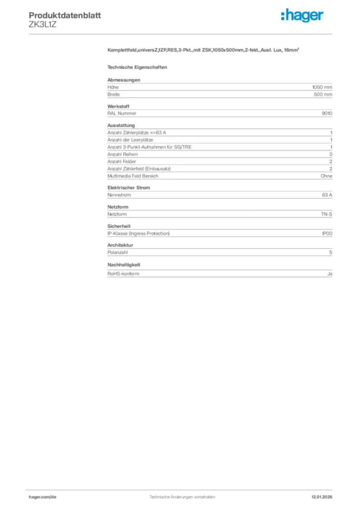 Bild Hager Produktdatenblatt ZK3L1Z | Hager Deutschland