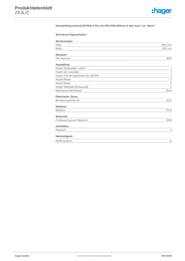 Bild Hager Produktdatenblatt ZK3L1Z | Hager Deutschland