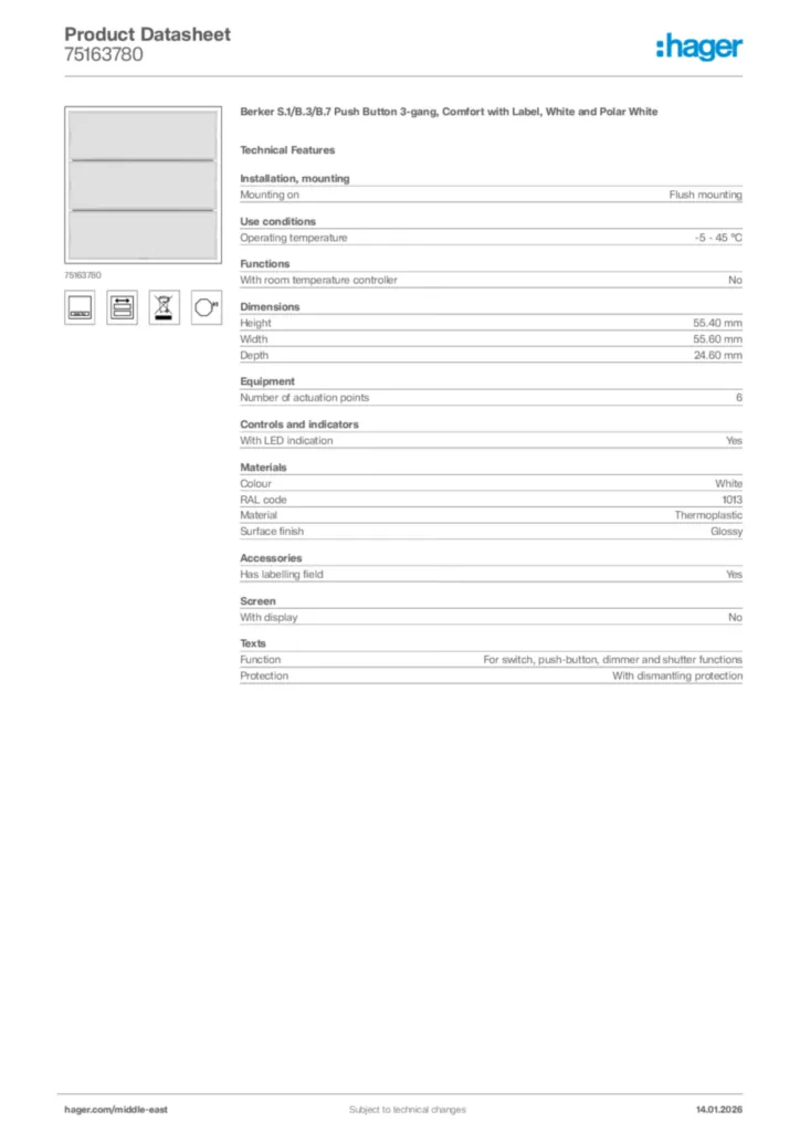 Image Hager Product data sheet 75163780  | Hager