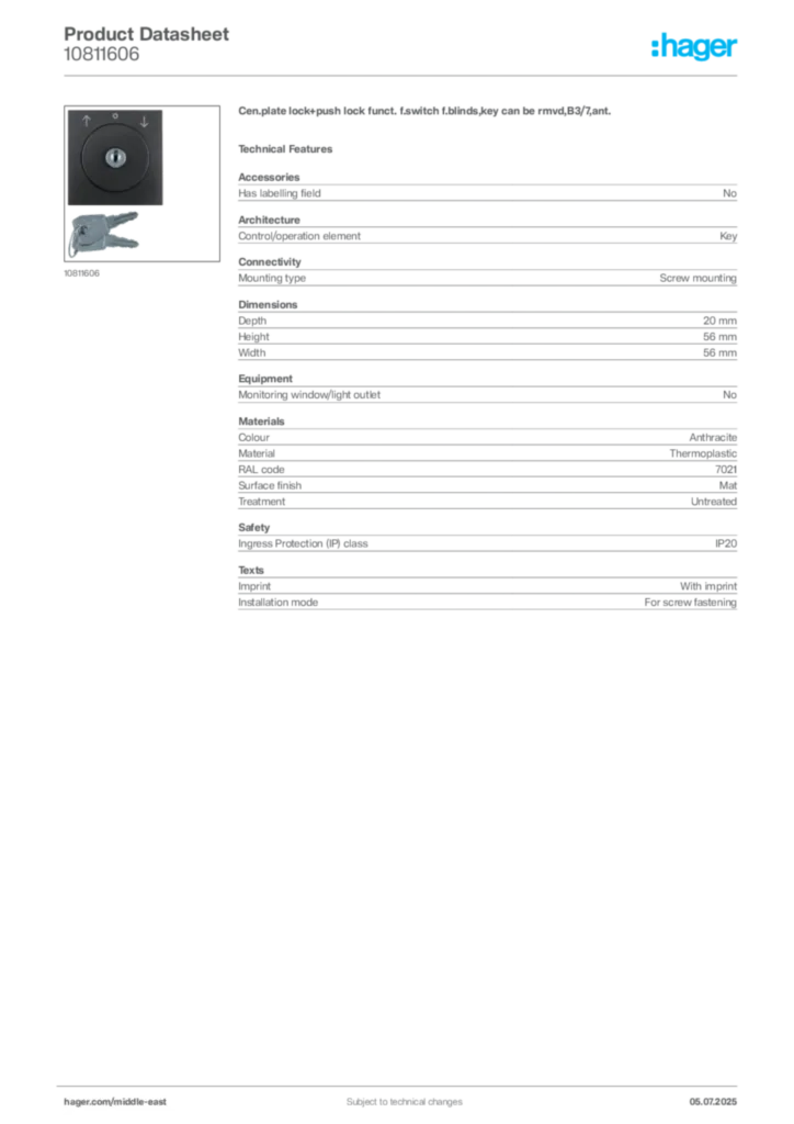Image Hager Product data sheet 10811606  | Hager