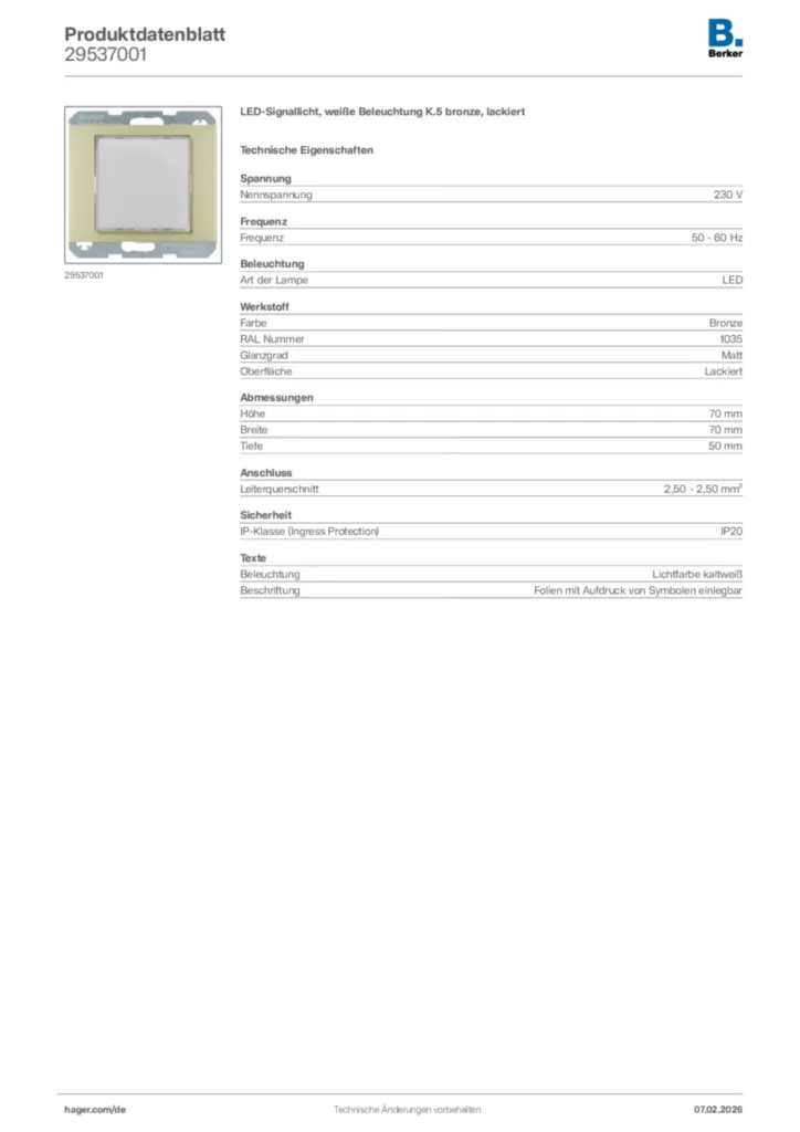 Bild Berker Produktdatenblatt 29537001 | Hager Deutschland