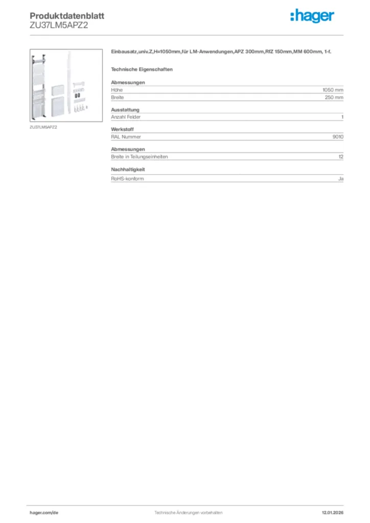 Bild Hager Produktdatenblatt ZU37LM5APZ2 | Hager Deutschland