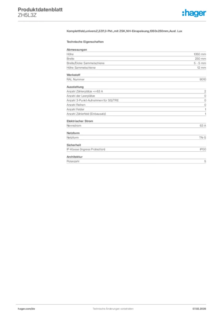 Bild Hager Produktdatenblatt ZH5L3Z | Hager Deutschland