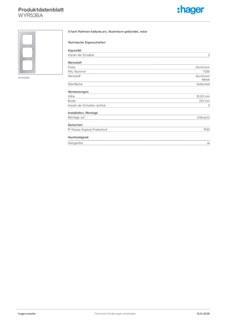 Bild Hager Produktdatenblatt WYR536A | Hager Deutschland