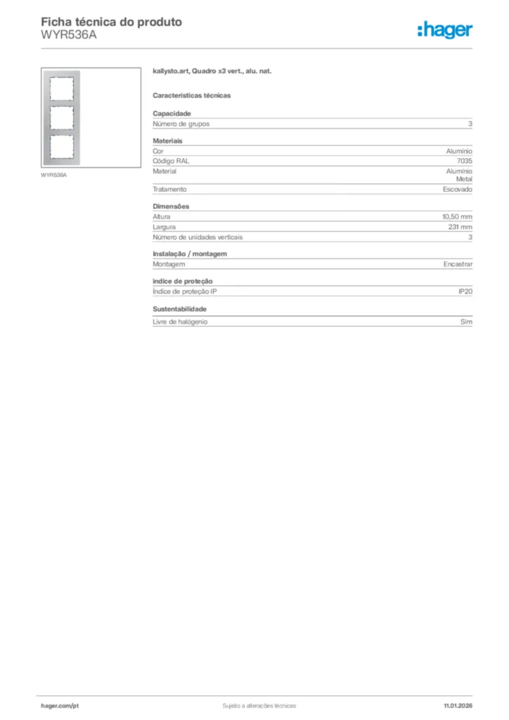 Imagem Hager Ficha técnica do produto WYR536A | Hager Portugal