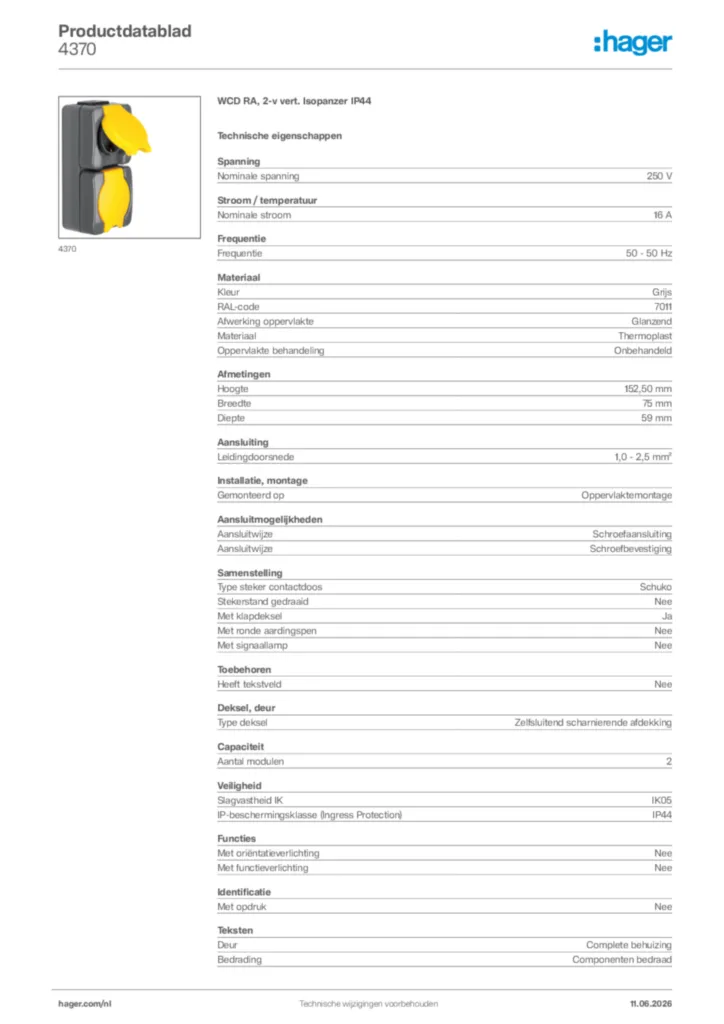 Afbeelding Hager Productdatablad 4370 | Hager Nederland