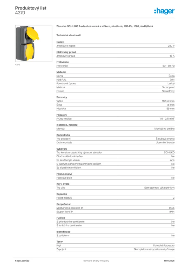 Obrázek Hager Generováno - Datový list produktu 4370 | Hager