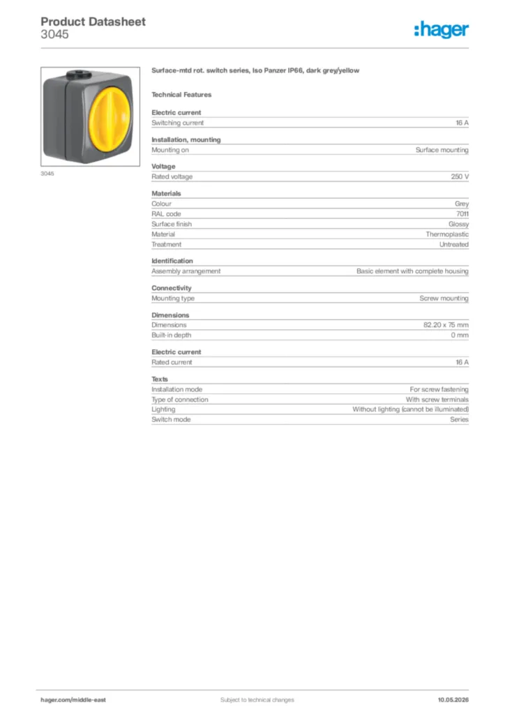 Image Hager Product data sheet 3045  | Hager