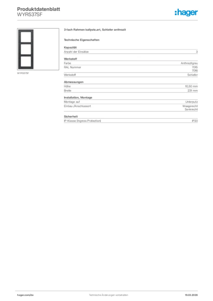 Bild Hager Produktdatenblatt WYR537SF | Hager Deutschland
