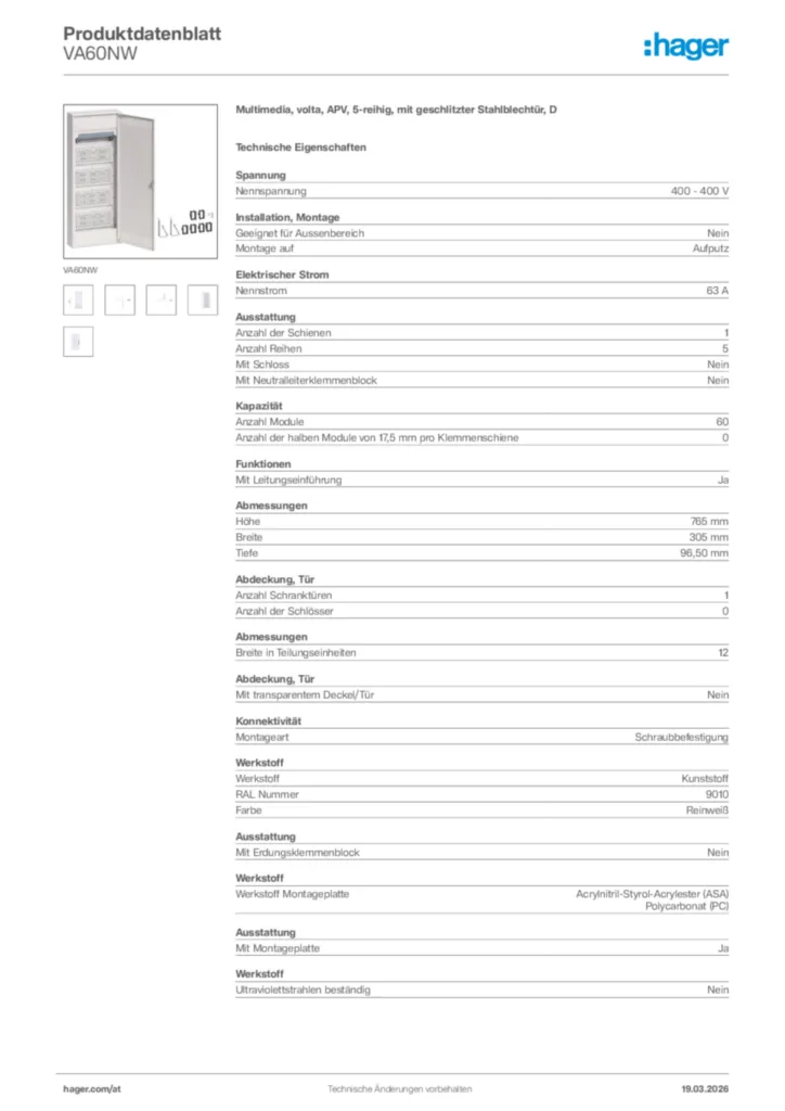 Bild Hager Produktdatenblatt VA60NW | Hager Deutschland