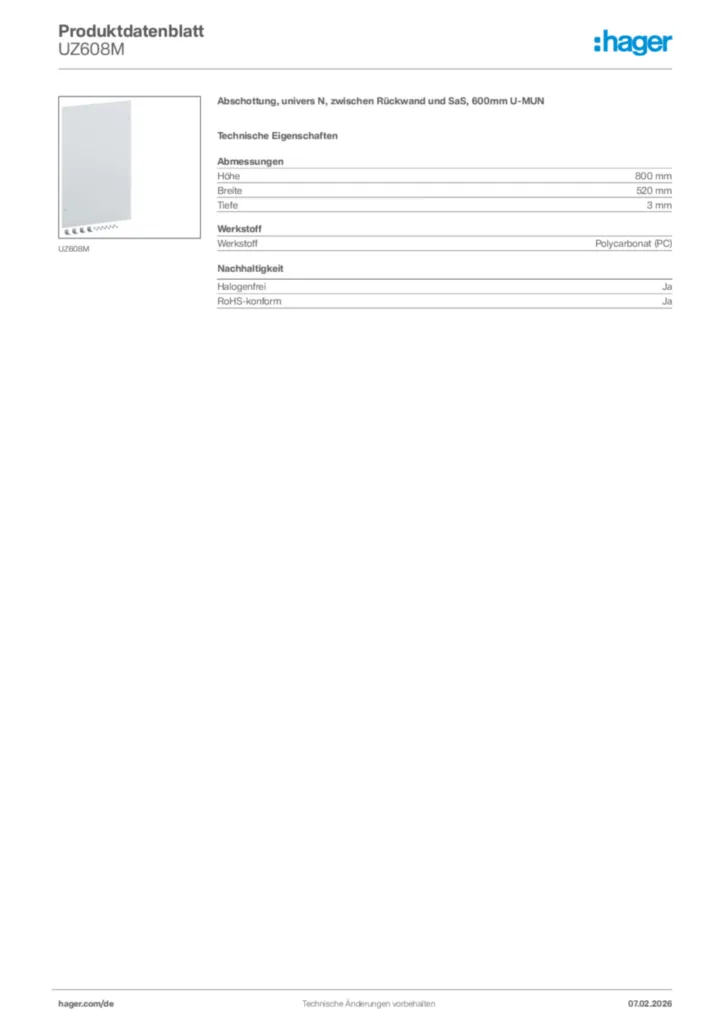 Bild Hager Produktdatenblatt UZ608M | Hager Deutschland