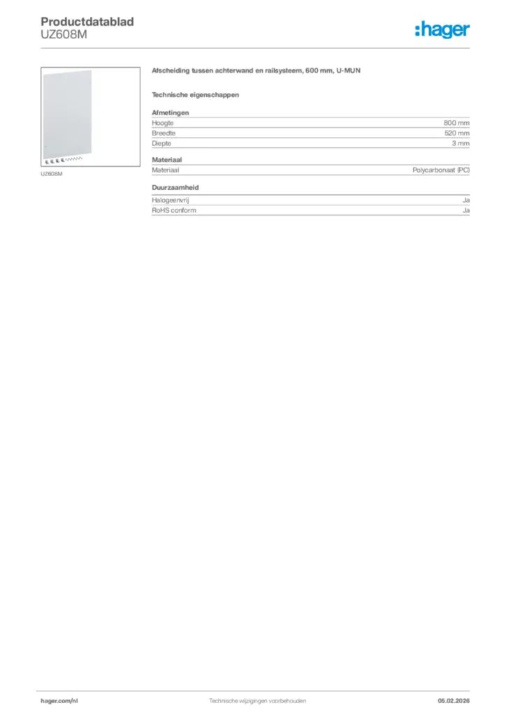 Afbeelding Hager Productdatablad UZ608M | Hager Nederland