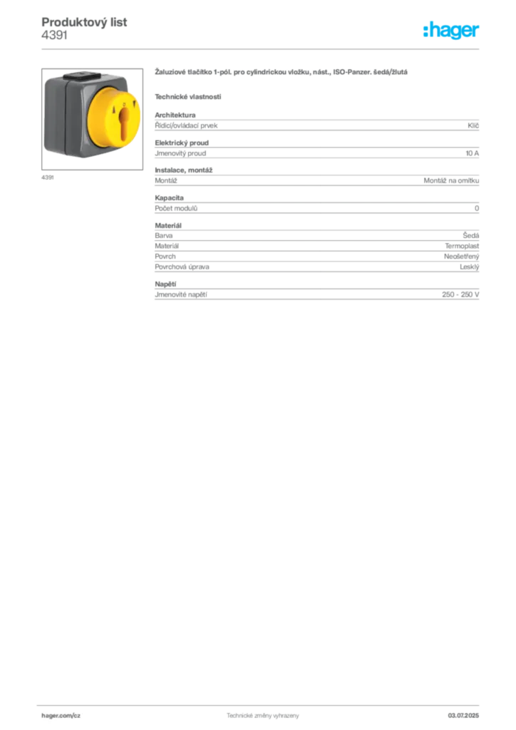Obrázek Hager Produktový list 4391 | Hager