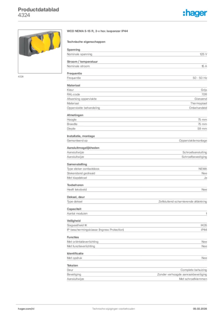 Afbeelding Hager Productdatablad 4324 | Hager Nederland