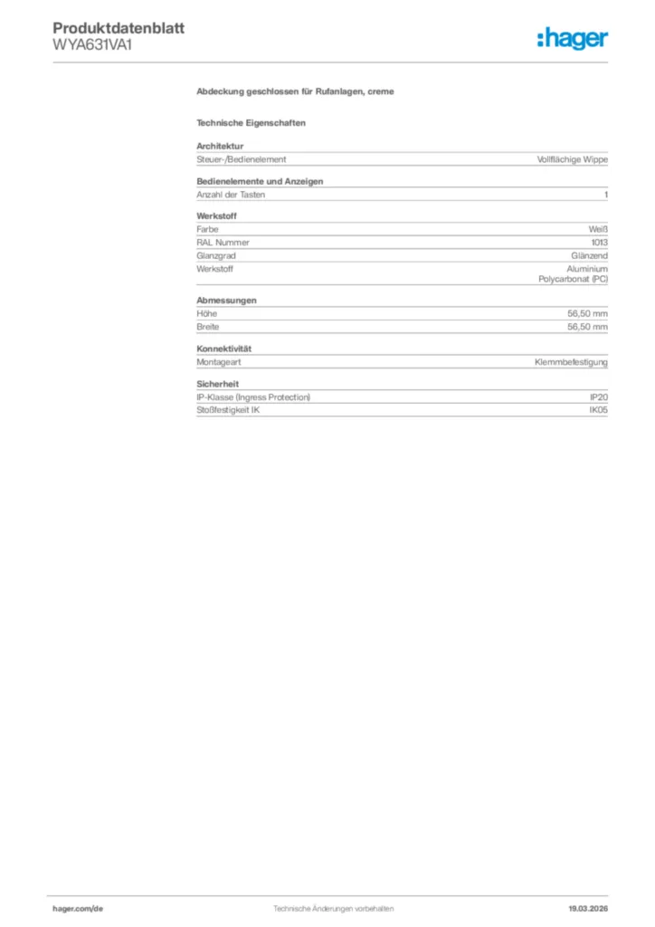 Bild Hager Produktdatenblatt WYA631VA1 | Hager Deutschland
