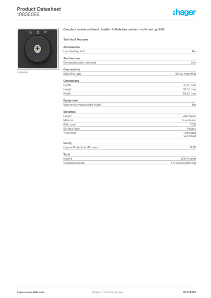 Image Hager Product data sheet 10836086  | Hager