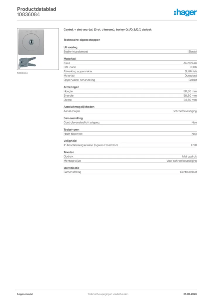 Afbeelding Hager Productdatablad 10836084 | Hager Nederland