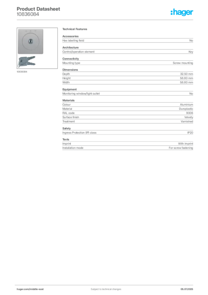 Image Hager Product data sheet 10836084  | Hager