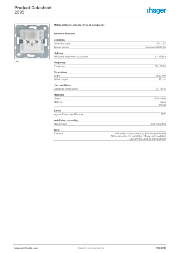 Image Hager Product data sheet 2995  | Hager