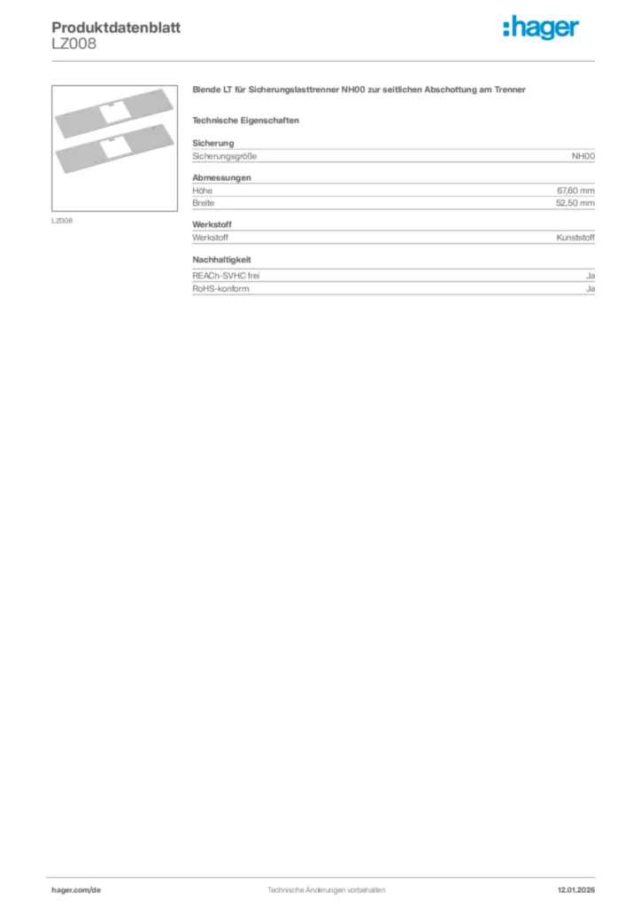 Bild Hager Produktdatenblatt LZ008 | Hager Deutschland