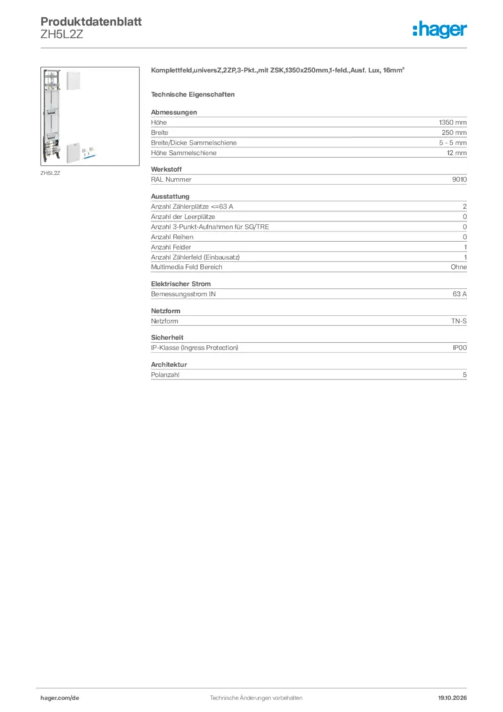 Bild Hager Produktdatenblatt ZH5L2Z | Hager Deutschland