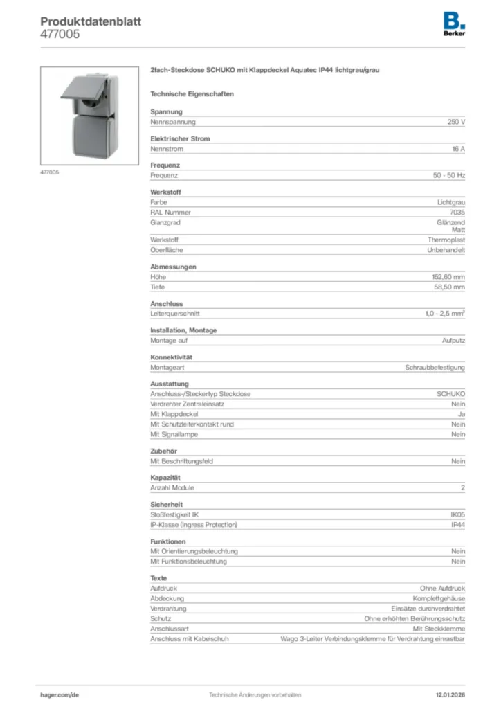 Bild Berker Produktdatenblatt 477005 | Hager Deutschland