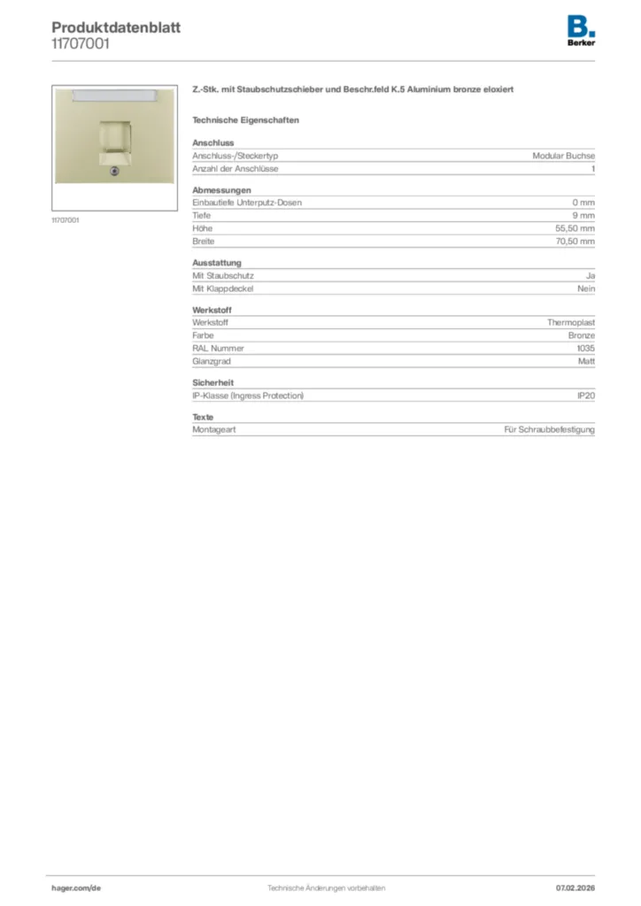 Bild Berker Produktdatenblatt 11707001 | Hager Deutschland