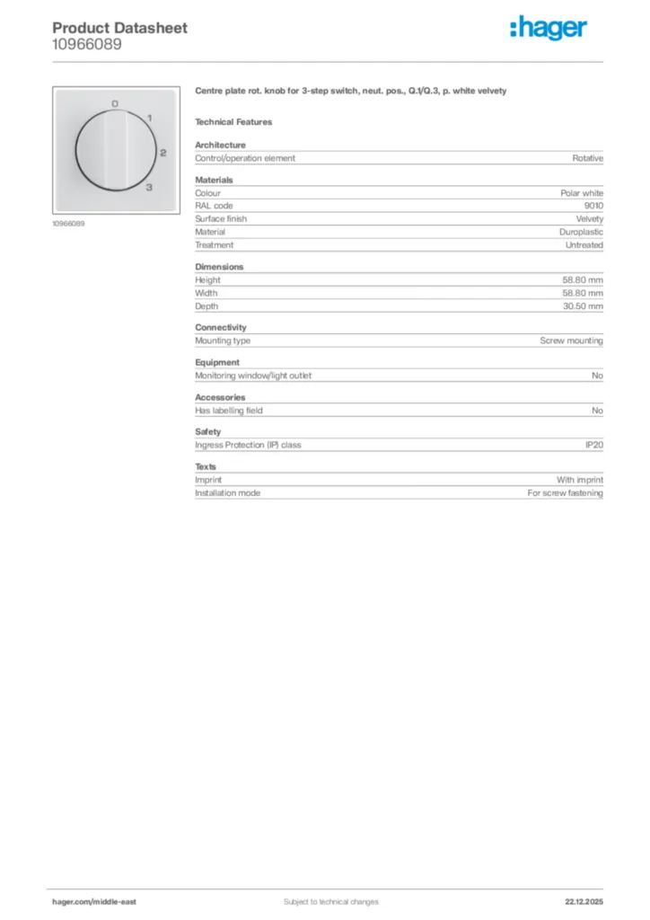 Image Hager Product data sheet 10966089  | Hager