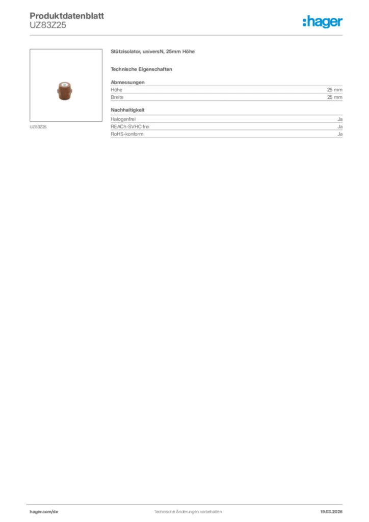 Bild Hager Produktdatenblatt UZ83Z25 | Hager Deutschland