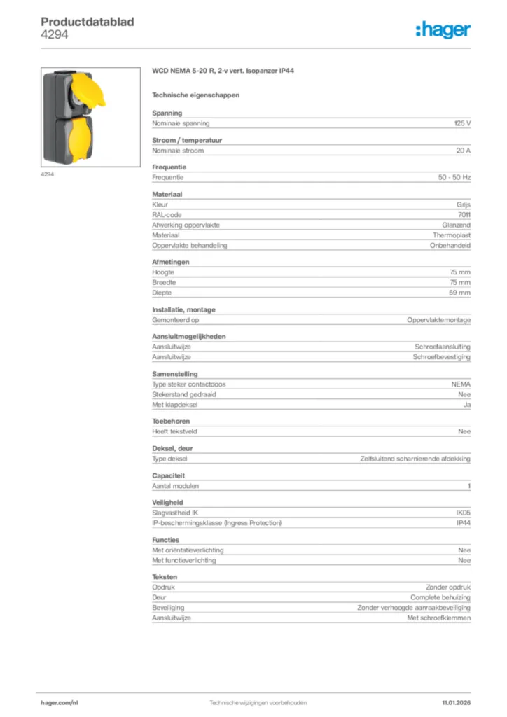 Afbeelding Hager Productdatablad 4294 | Hager Nederland