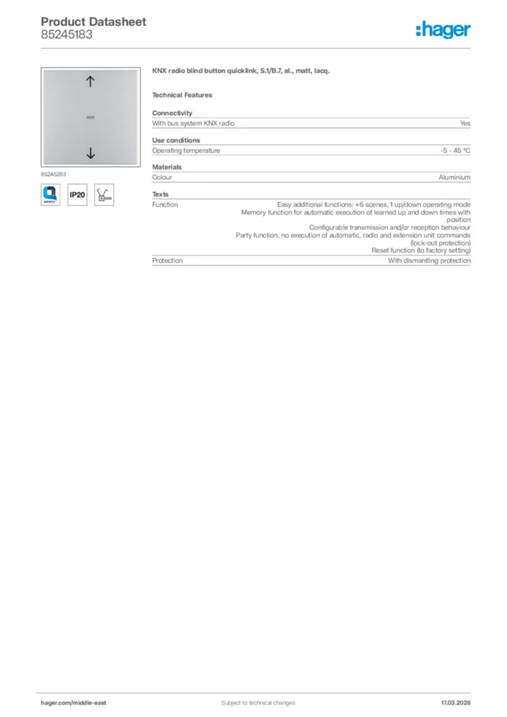 Image Hager Product data sheet 85245183  | Hager