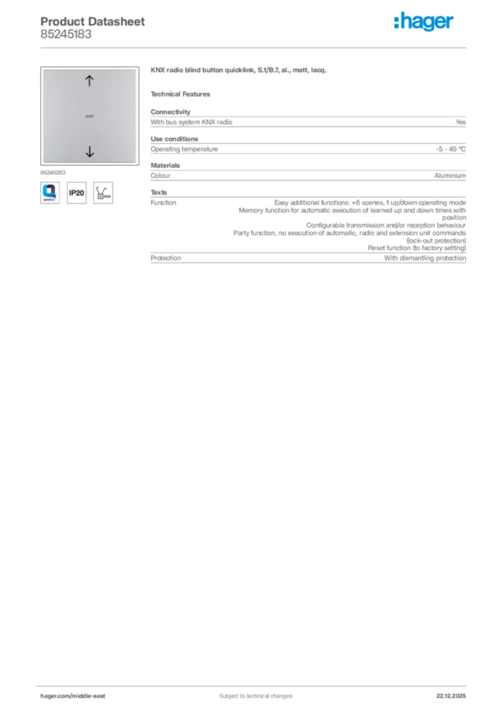 Image Hager Product data sheet 85245183  | Hager