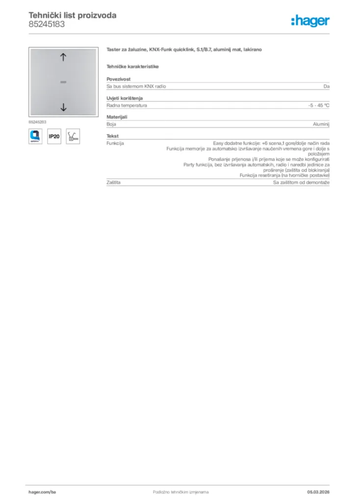 Slika Hager Tehnički list proizvoda 85245183  | Hager
