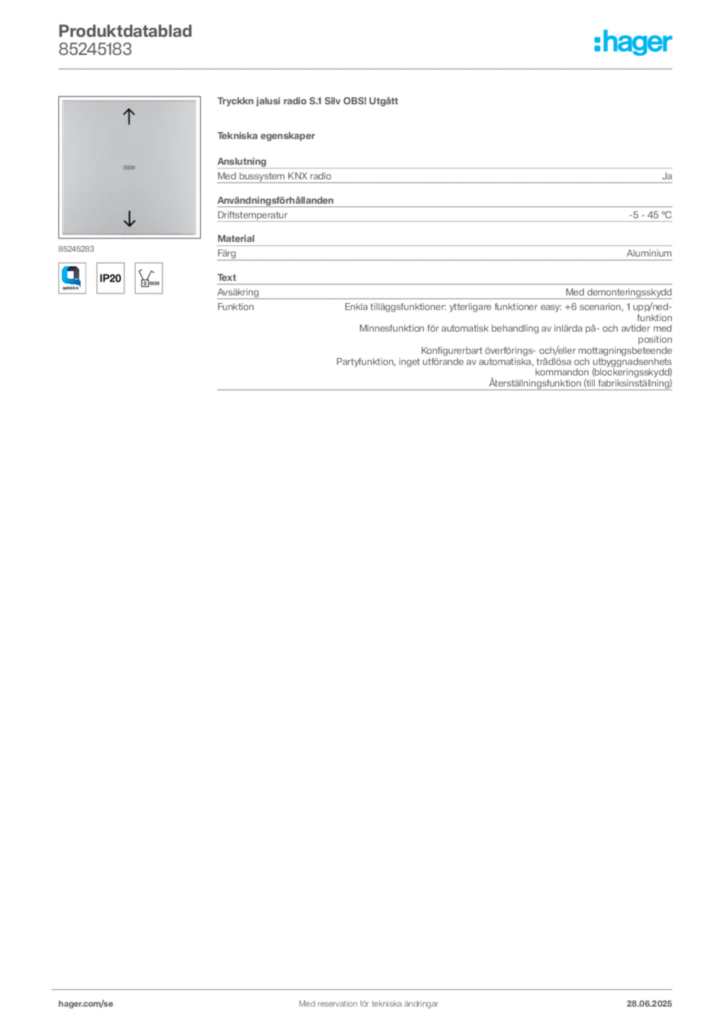 Bild Hager Produktdatablad 85245183 | Hager Sverige