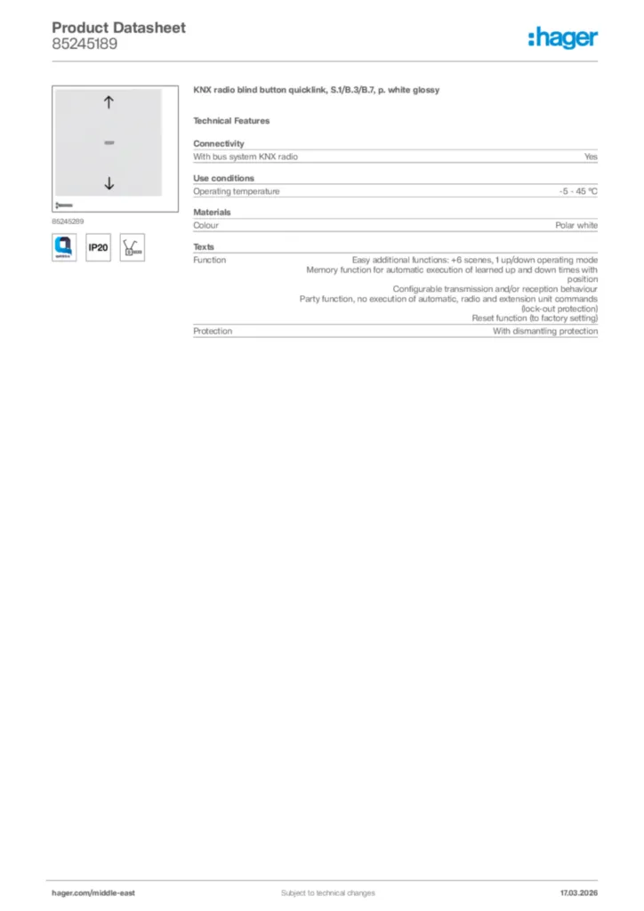 Image Hager Product data sheet 85245189  | Hager