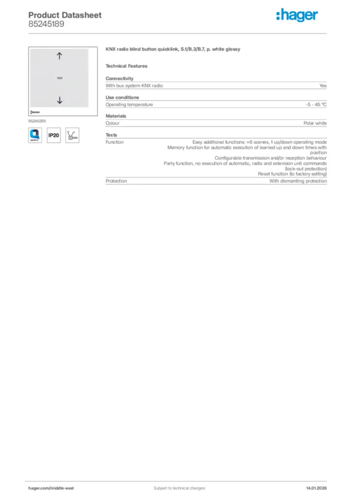 Image Hager Product data sheet 85245189  | Hager