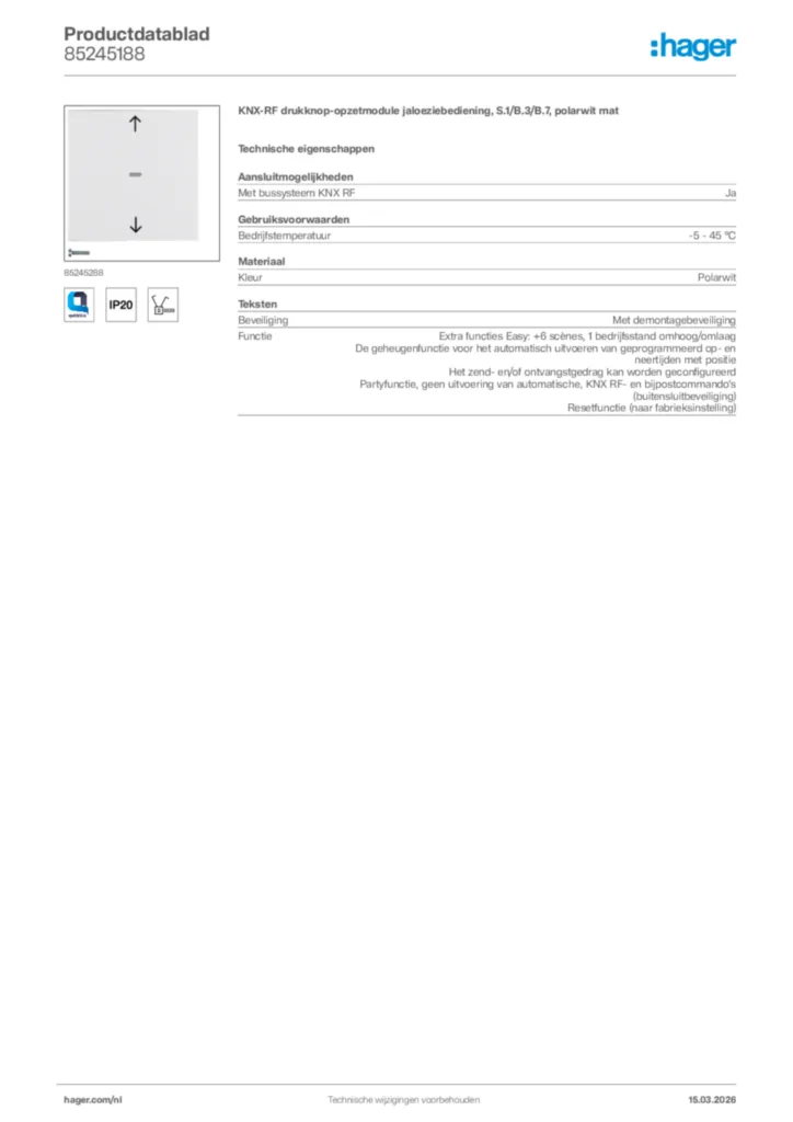 Afbeelding Hager Productdatablad 85245188 | Hager Nederland
