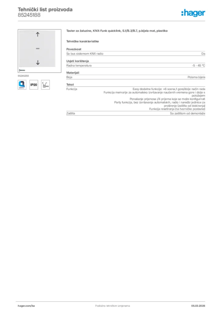 Slika Hager Tehnički list proizvoda 85245188  | Hager