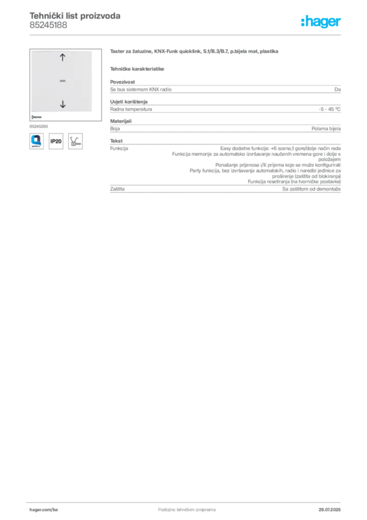 Slika Hager Product data sheet 85245188  | Hager