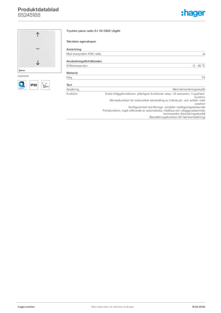 Bild Hager Produktdatablad 85245188 | Hager Sverige