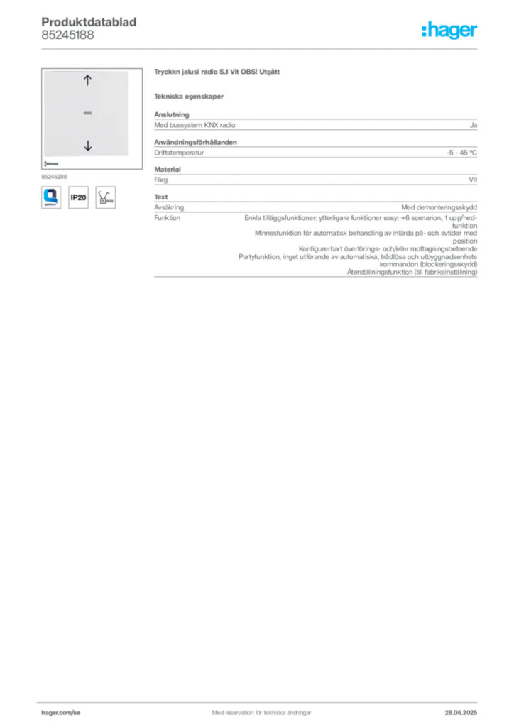Bild Hager Produktdatablad 85245188 | Hager Sverige