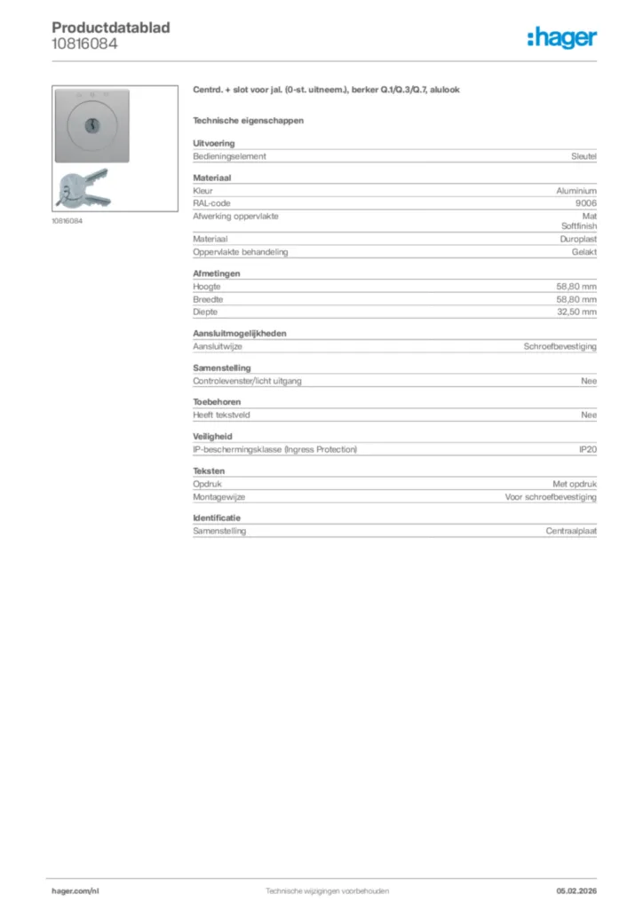 Afbeelding Hager Productdatablad 10816084 | Hager Nederland